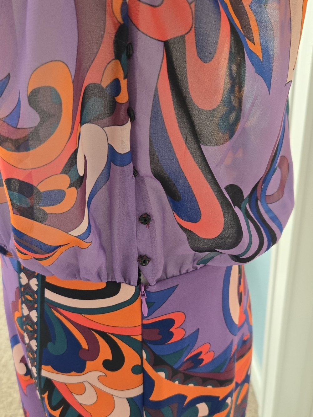 Zara Bright Multicolor Print Mini Blouson Dress Long Sleeves Neck Tie Fitted L - Picture 4 of 11